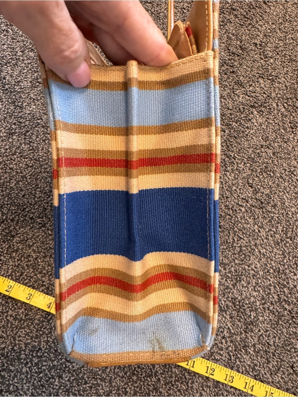 Striped Small Canvas Shoulder Bag Blue Tan Rust Minor Wear Faux Leather Strap - Picture 16 of 16